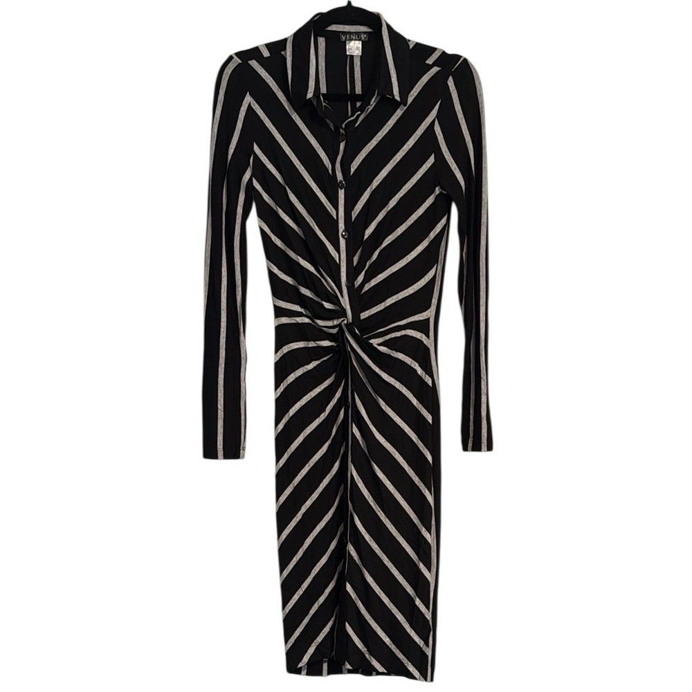 ☀️ Venus Black and Grey Striped Button and Knot Front Midi Dress